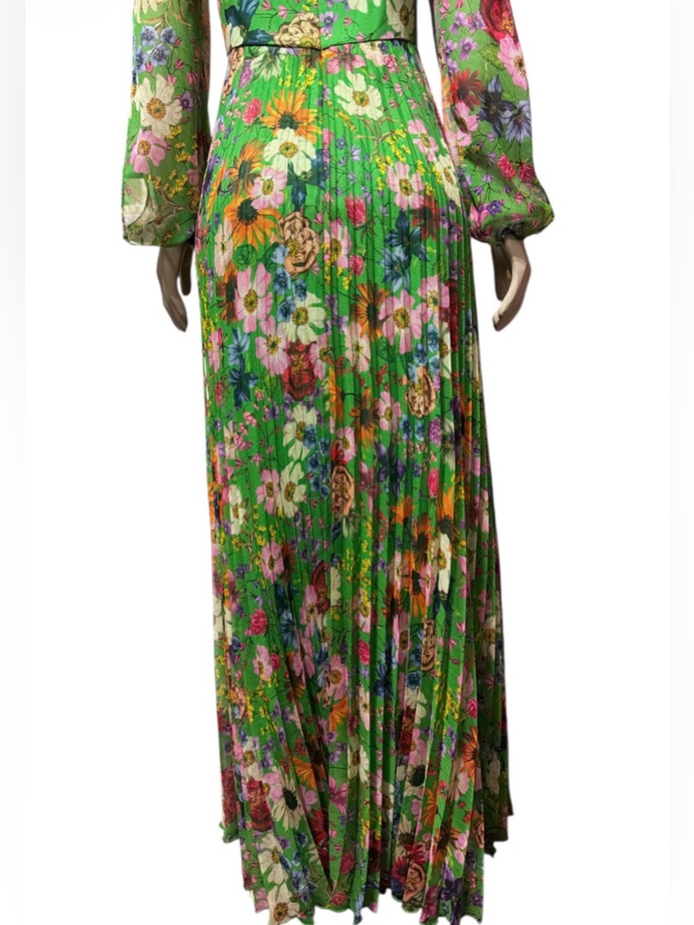 Betsy & Adam Sz 4  Floral Long Sleeve Cold Shoulder Pleated Gown Formal Green - Picture 9 of 15